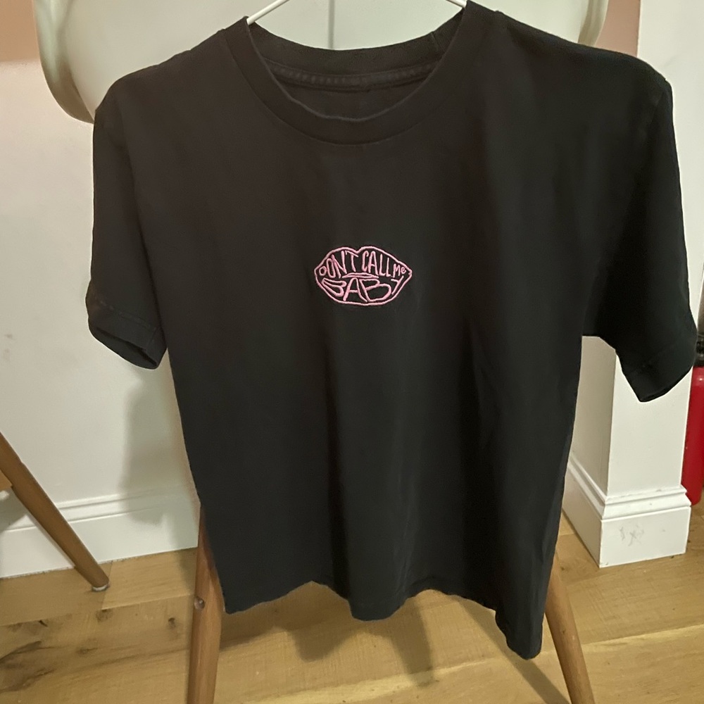Brandy Melville “Don’t Call Me Baby” Embroidered Black Top, Semi Crop, S/M
